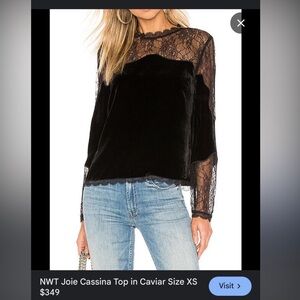 NWT Joie Cassina velvet and lace top in caviar